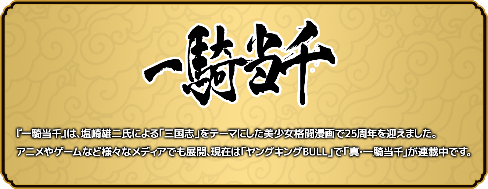 『一騎当千』は、塩崎雄二氏による「三国志」をテーマにした美少女格闘漫画で25周年を迎えました。アニメやゲームなど様々なメディアでも展開、現在は「ヤングキングBULL」で「真・一騎当千」が連載中です。